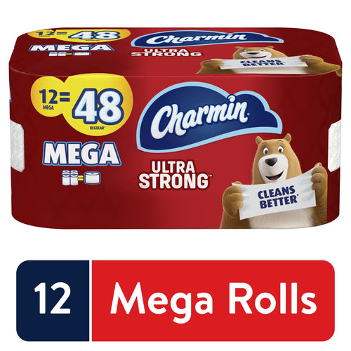 Packaged Charmin Ultra Strong toilet paper in red mega-roll pack showing bear mascot and '12 = 48' callout