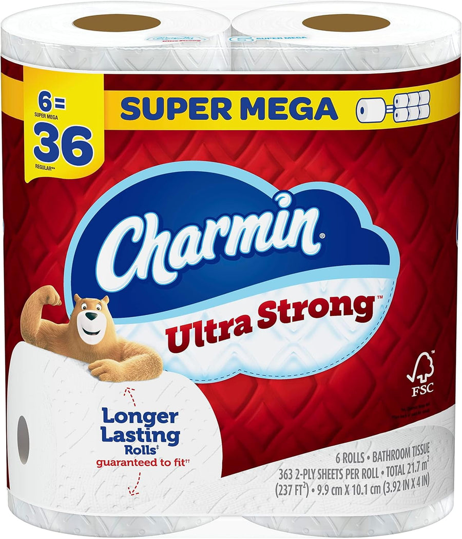 Charmin Ultra Strong toilet paper six-roll super mega pack with bear mascot on red packaging