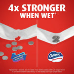 Advertising graphic showing two toilet paper sheets with coins comparing strength, Charmin Ultra Strong logo