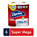 Packaged Charmin Ultra Strong toilet paper six-pack showing Charmin logo, bear mascot and Super Mega label on red background.