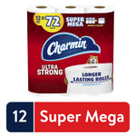 Packaged Charmin Ultra Strong Super Mega toilet paper pack with logo and longer lasting rolls banner