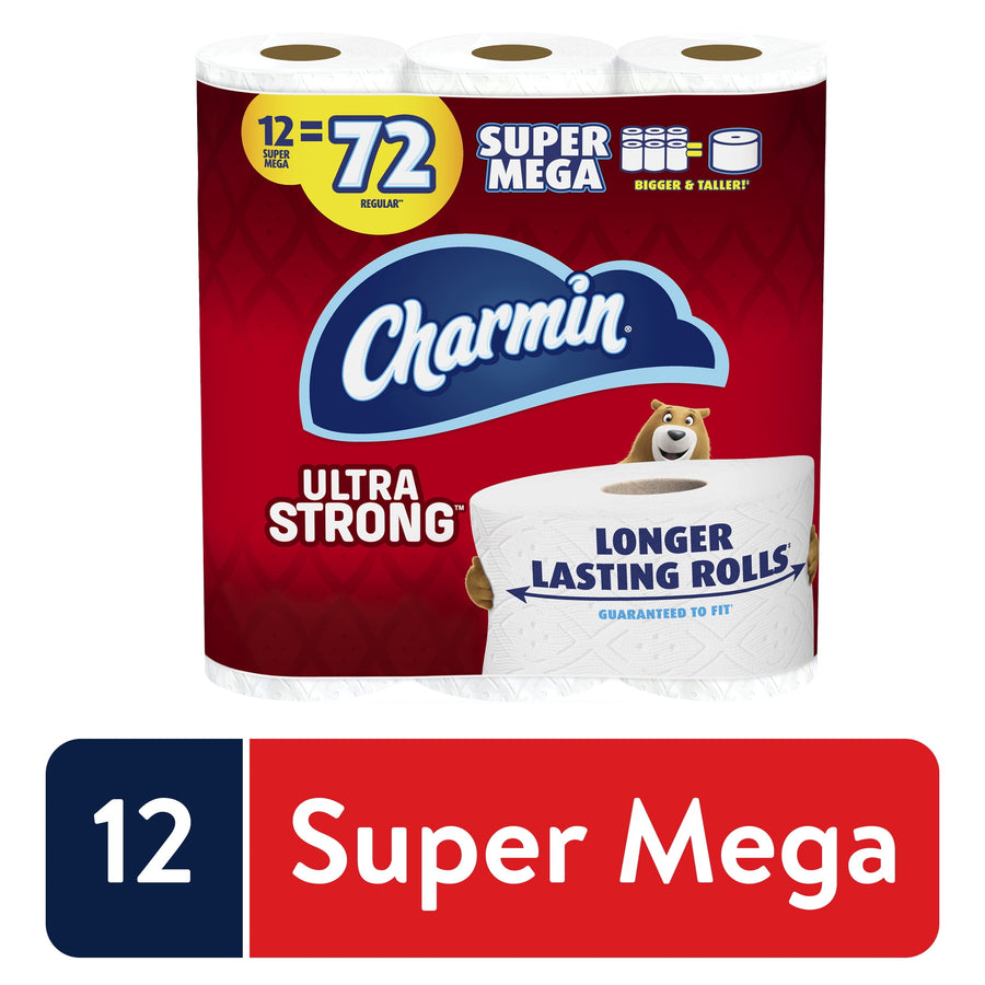 Packaged Charmin Ultra Strong Super Mega toilet paper pack with logo and longer lasting rolls banner