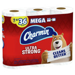 Three-roll view of Charmin Ultra Strong packaging showing Charmin logo, bear and 'Mega' callout