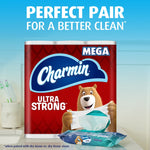 Large Charmin Ultra Strong toilet paper pack shown with a Charmin flushable wipes pack in front, promotional text above