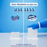 Split comparison graphic showing stacks of sheets and Charmin Ultra Soft logo with text 'Use Less'.