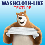 Charmin bear holding a textured sheet of toilet paper with text 'WASHCLOTH-LIKE TEXTURE' on blue background