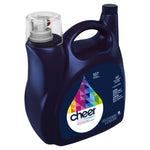 Angled view of a dark blue Cheer laundry detergent jug with clear measuring cap and colorful droplet logo showing '107 loads'.