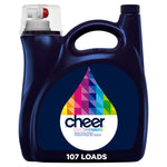 Dark blue cheer colorguard liquid detergent jug with colorful droplet logo and '107 LOADS' text