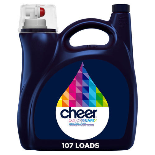 Dark blue cheer colorguard liquid detergent jug with colorful droplet logo and '107 LOADS' text
