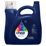 Front-facing cheer colorguard dark blue detergent jug with colorful triangular droplet logo and product text