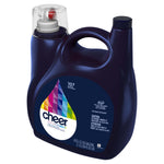 Dark blue Cheer detergent jug angled to show label with colorful droplet logo and '107 loads' marking on the front.