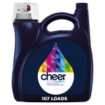 Dark blue Cheer laundry detergent jug with colorful droplet logo and '107 loads' label on front.