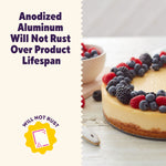 Cheesecake topped with mixed berries on a wooden surface alongside claim that anodized aluminum will not rust