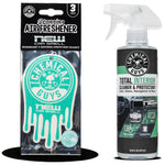 Chemical Guys packaged teal 'New Car Smell' hanging air freshener beside a Total Interior cleaner & protectant spray bottle