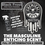 Black Frost themed promotional image featuring a black Chemical Guys drip-logo hanging air freshener and bold product copy on dark background.