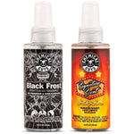 Two Chemical Guys spray bottles side-by-side: Black Frost (black label) and Signature Scent (red-yellow label)