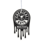 Single Chemical Guys Black Frost drip-shaped hanging air freshener with bold black-and-white logo and attached string on a plain background.
