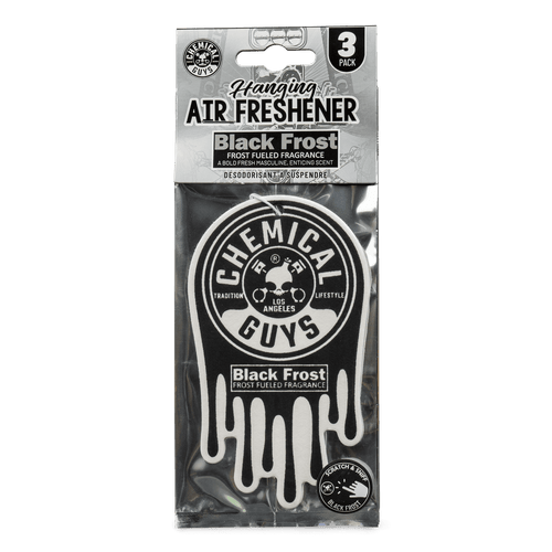 Packaged Chemical Guys Black Frost hanging car air freshener in its retail blister pack with brand logo and drip design visible.