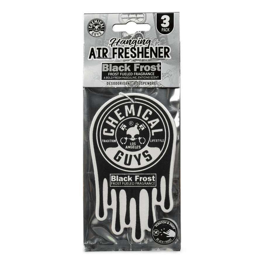 Packaged Chemical Guys Black Frost hanging car air freshener in its retail blister pack with brand logo and drip design visible.
