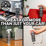 Collage image showing Chemical Guys Black Frost spray used on a toolbox, sofa, desk and bathroom scenes