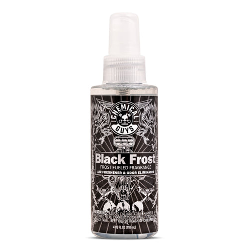 Clear spray bottle of Chemical Guys Black Frost air freshener with black illustrated label