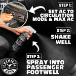 Instructional image showing hand spraying Chemical Guys Black Frost into passenger footwell with step text