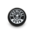 Close-up of Chemical Guys round vent-clip air freshener with black-and-white logo on a white background