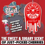 Cherry Blast promotional graphic showing a red Chemical Guys drip-logo hanging air freshener with cherry artwork and product spray bottle.