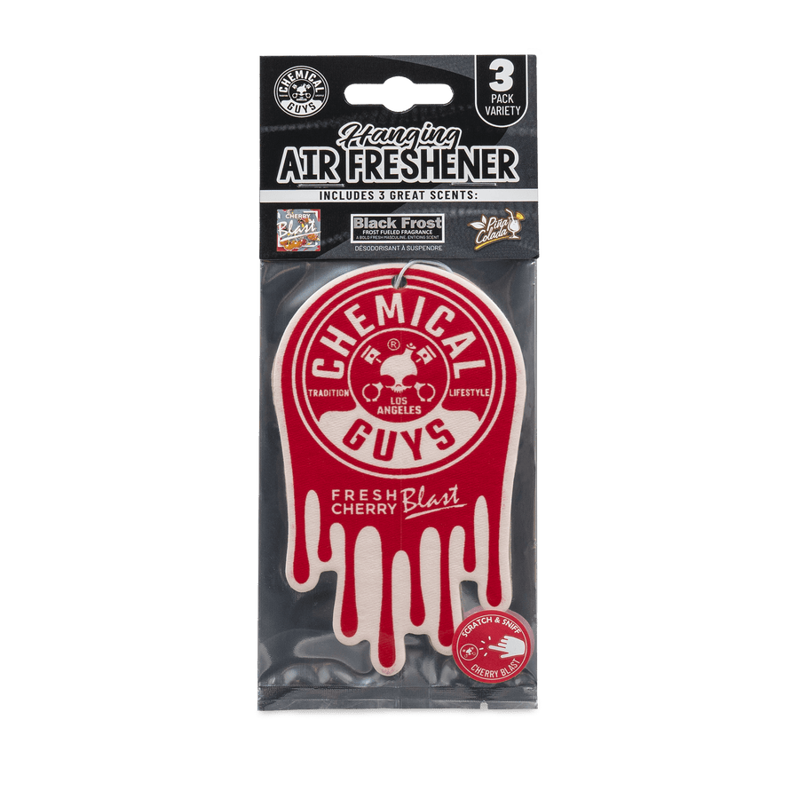 Packaged Chemical Guys hanging air freshener in red 'Fresh Cherry Blast' drip logo design inside clear retail pouch.