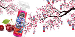 Promotional graphic with a Chemical Guys Fresh Cherry Blast spray bottle, cherry fruit and flowering branches on a white background