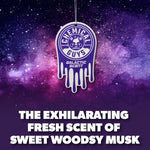 Purple Chemical Guys Galactic Scent hanging air freshener suspended against a starry galactic purple background with scent description text.