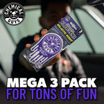 Person holding a packaged Chemical Guys Galactic Scent hanging air freshener toward the camera with brand logo and mega 3 pack text.