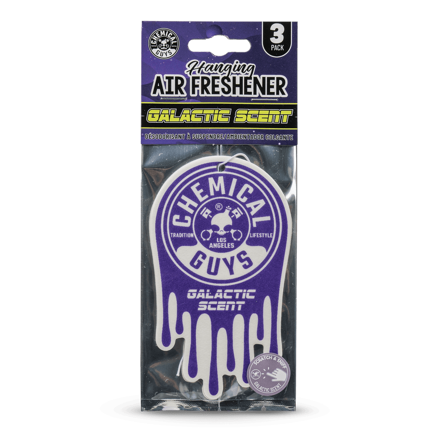 Packaged Chemical Guys Galactic Scent hanging air freshener in purple drip logo design visible through clear blister pack.