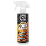 Spray bottle of Chemical Guys Ghosted Odor Eliminator with orange and black label on white background