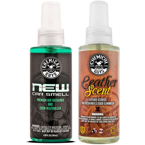Two Chemical Guys spray bottles: New Car Smell (green) and Leather Scent (brown leather label) side by side