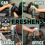 Four-panel collage showing Chemical Guys New Car Smell spray used in car, home, garage, and office with large 'Freshens' text