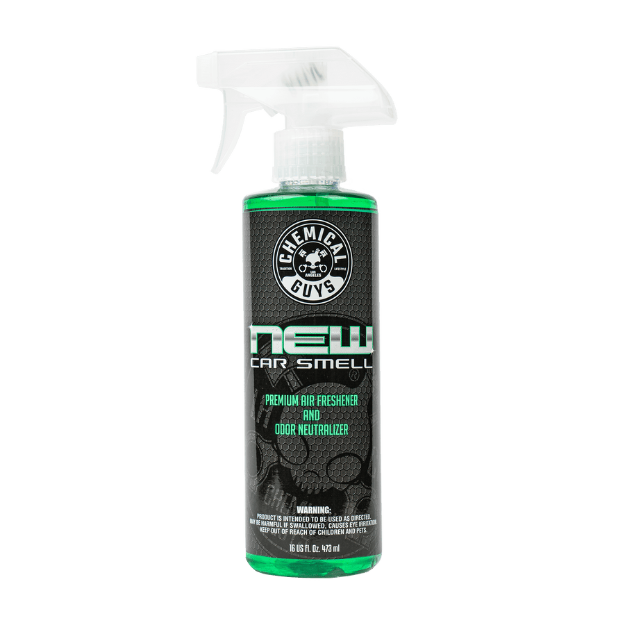 Single Chemical Guys New Car Smell spray bottle front view with black label and green liquid visible