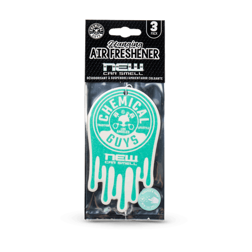 Packaged Chemical Guys 'New Car Smell' hanging air freshener in clear blister pack with logo and teal drip-shaped scent card.