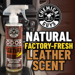 Chemical Guys leather-scent odor eliminator bottle displayed in a car interior with text highlighting natural factory-fresh leather scent