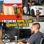 Collage showing Chemical Guys leather-scent odor eliminator used on couch, on a table by a car, and on a desk area with location text