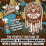 Piña Colada themed promotional image with brown Chemical Guys drip-logo air freshener and tropical pineapple and coconut graphics.