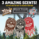 Promotional graphic showing three Chemical Guys drip-logo hanging air fresheners labeled Piña Colada, Black Frost and Cherry Blast against a blurred background.