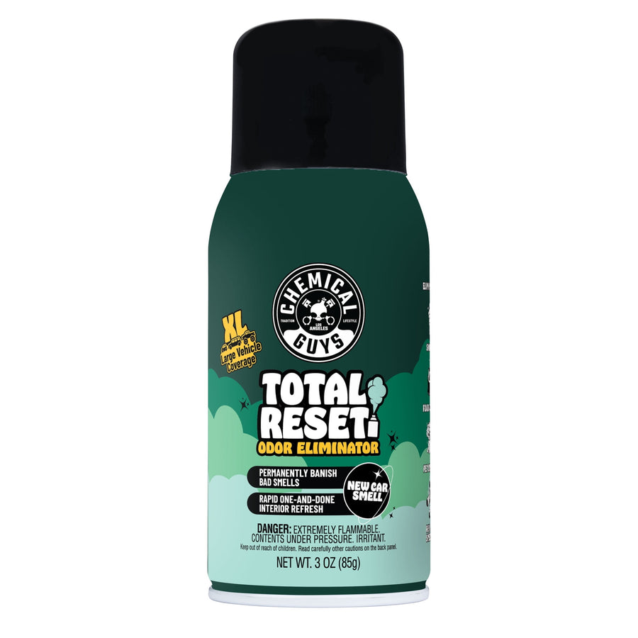 Chemical Guys Total Reset odor eliminator aerosol can with green label and black cap, front view showing branding and safety text.