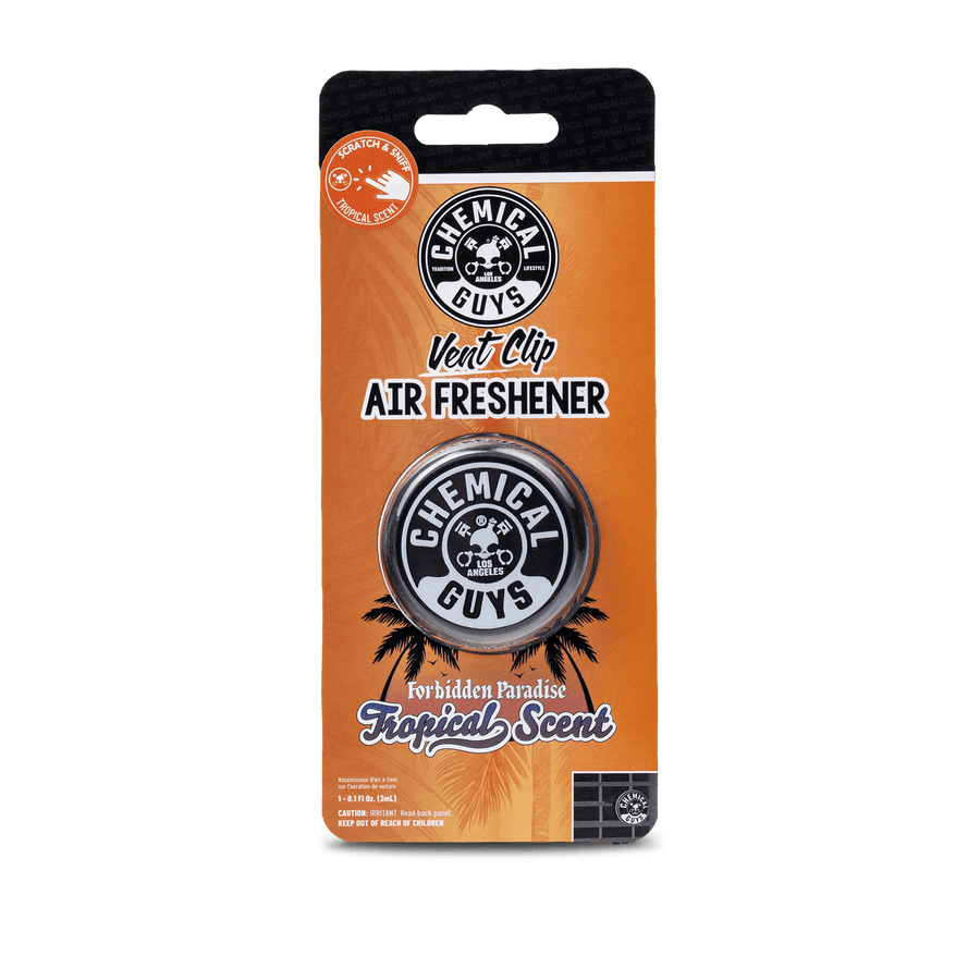 Chemical Guys branded orange blister pack showing a round black vent-clip air freshener with logo and 'Tropical Scent' text