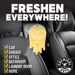 Yellow drip-shaped Chemical Guys Vanilla Bean hanging air freshener shown hanging inside a car with bold 'Freshen Everywhere' text