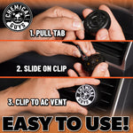 Three-panel instructional graphic showing hands pulling tab, sliding on clip, and clipping Chemical Guys air freshener to AC vent