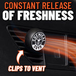 Chemical Guys vent clip mounted on a car vent with bold text 'Constant Release of Freshness' and airflow graphic