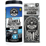 Chemical Guys interior cleaner wipes tub next to a packaged Black Frost hanging air freshener on white background