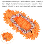 Orange chenille shoe cover with floral elastic trim and inset showing folded pile; product description text above