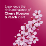 Graphic text on magenta background with cherry blossom flowers advertising cherry blossom & peach scent